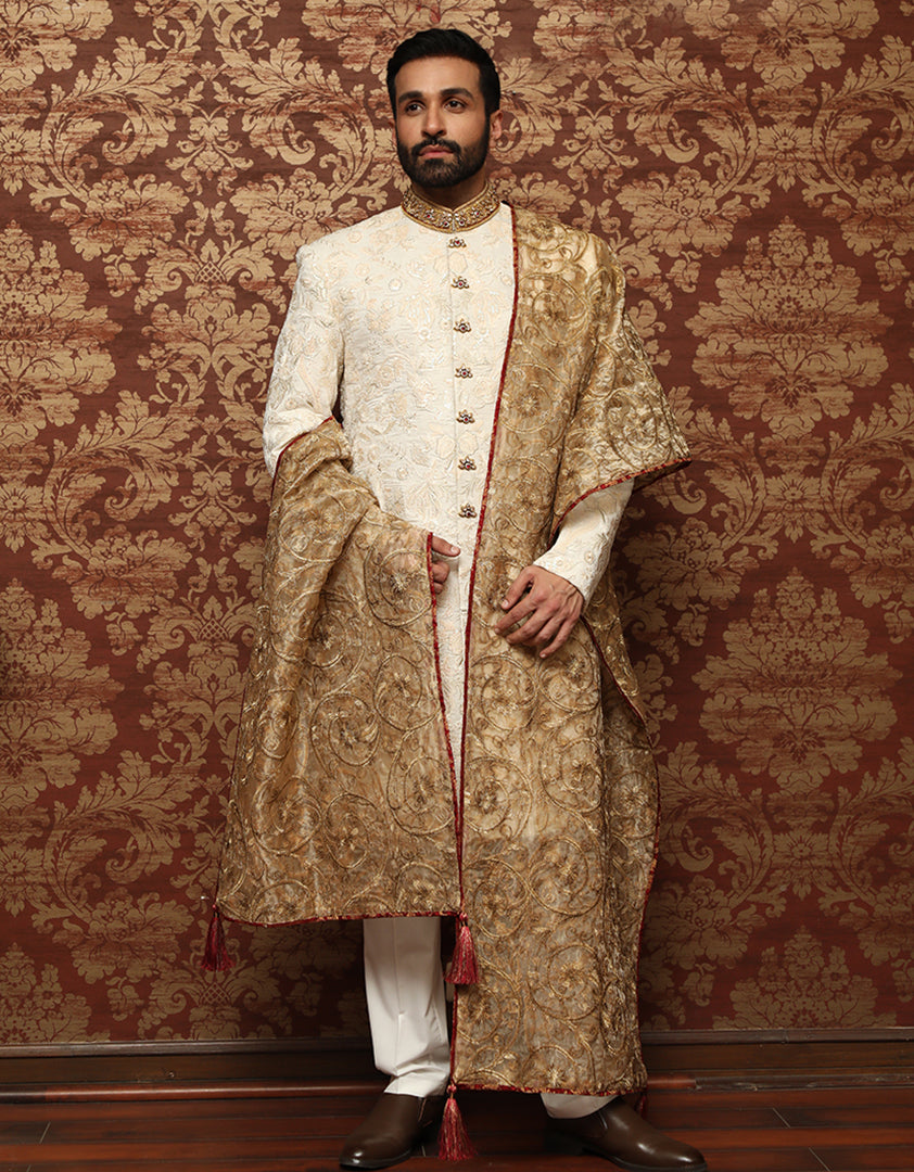 White Jewel-Embellished Jamawar Sherwani (4-Piece) - Image 1