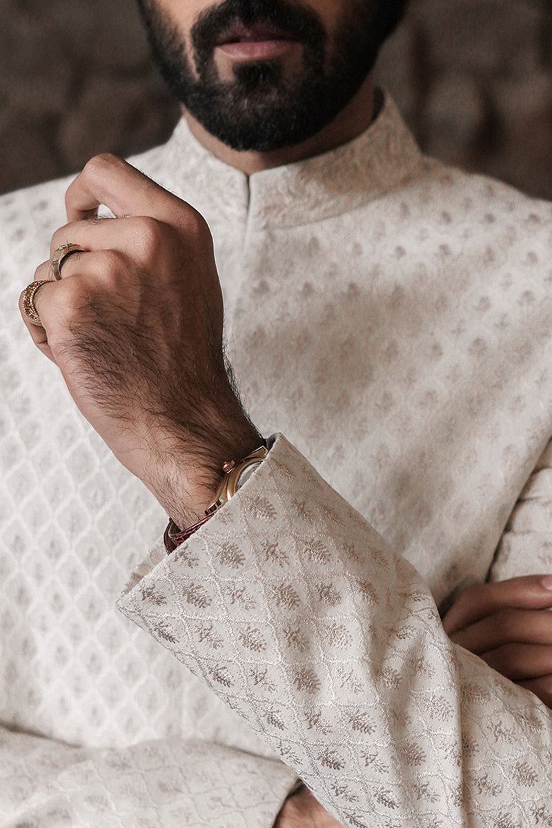 Pearl White Embroidered Karandi Sherwani (3-Piece) - Image 2