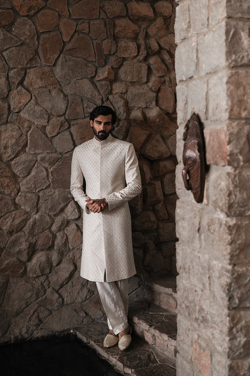 Pearl White Embroidered Karandi Sherwani (3-Piece) - Image 1