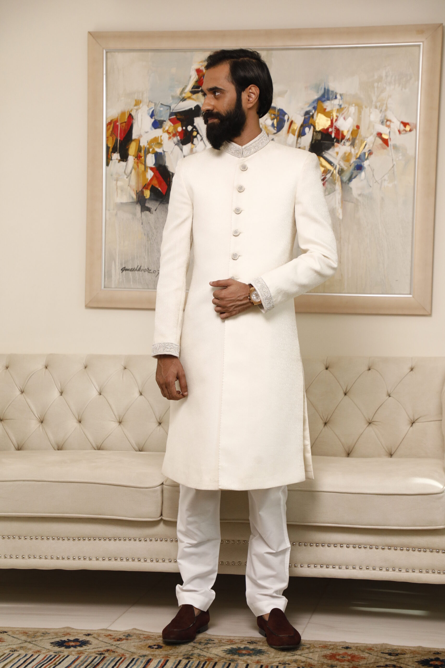 White Embroidered Linen Groom Sherwani (2-Piece) - Image 1