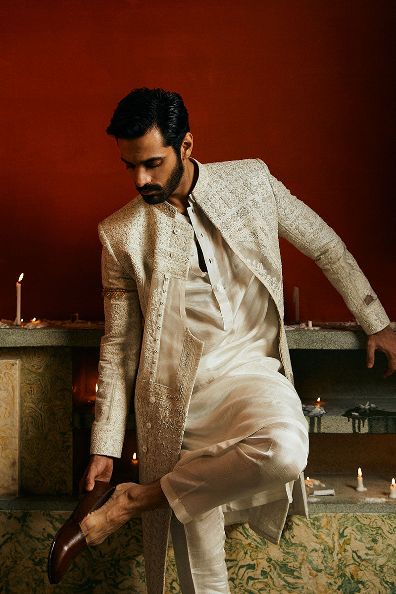 Pearl White Ornamental Embroidered Silk-Organza Sherwani (2-Piece) - Image 11