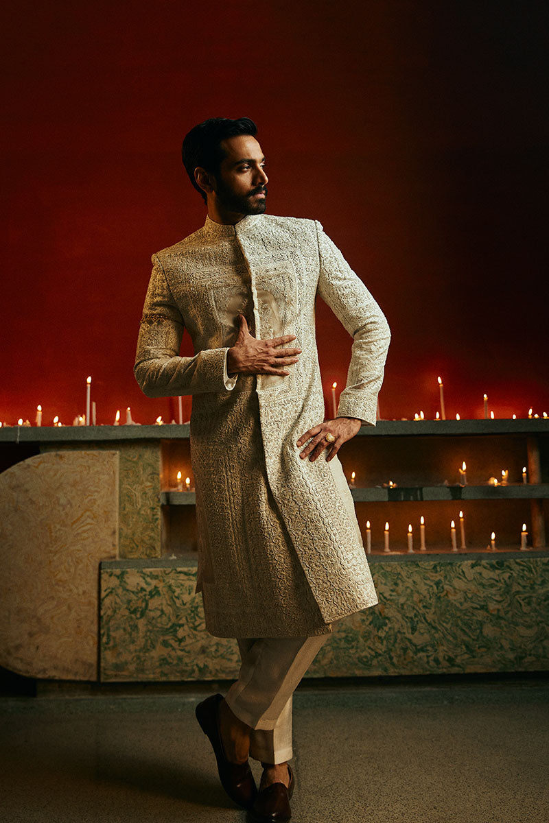 Pearl White Ornamental Embroidered Silk-Organza Sherwani (2-Piece) - Image 12
