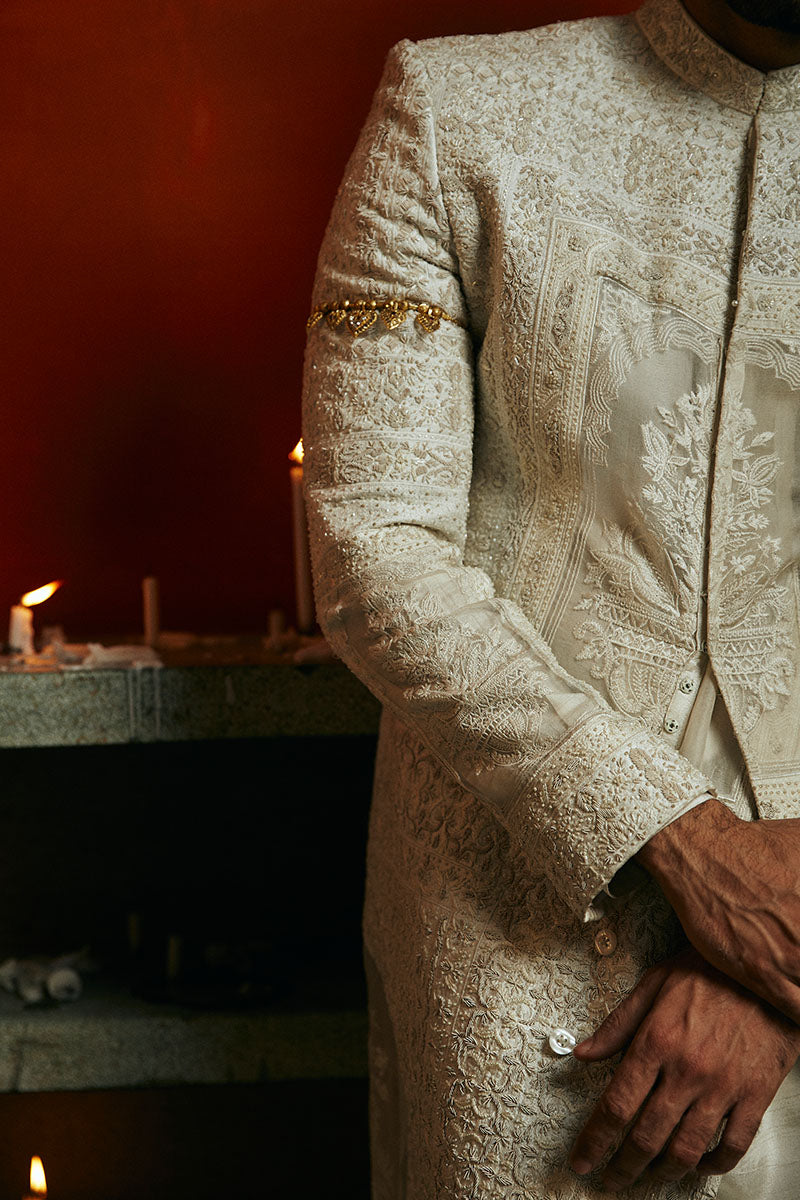 Pearl White Ornamental Embroidered Silk-Organza Sherwani (2-Piece) - Image 2