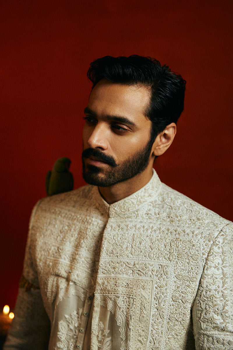 Pearl White Ornamental Embroidered Silk-Organza Sherwani (2-Piece) - Image 3