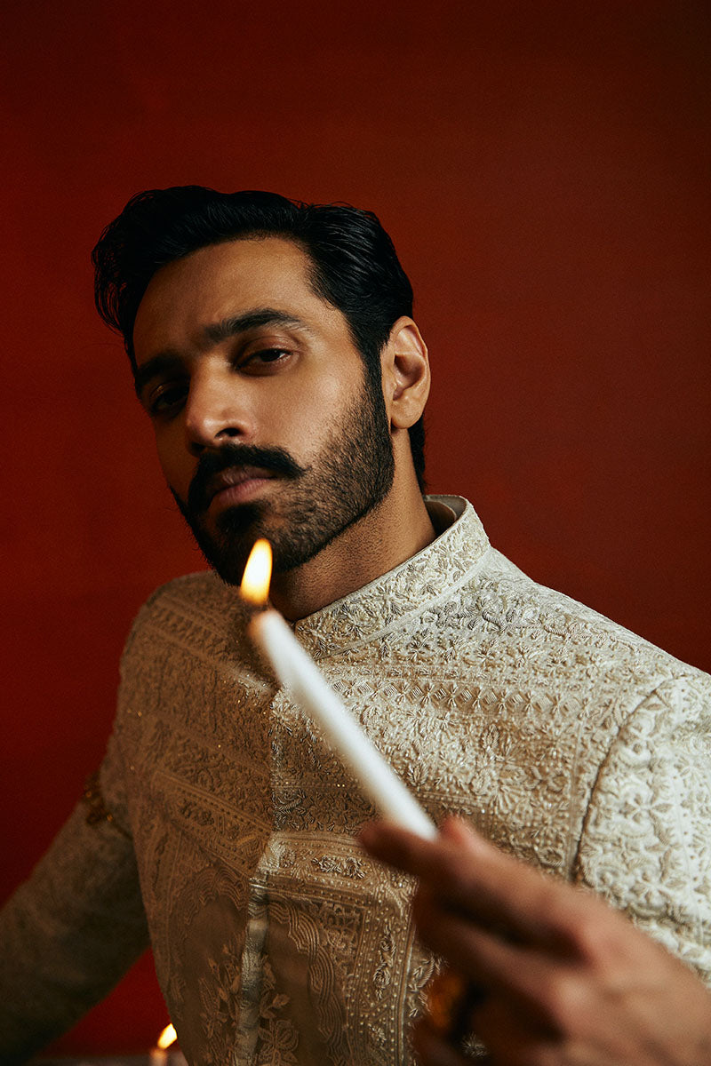 Pearl White Ornamental Embroidered Silk-Organza Sherwani (2-Piece) - Image 4