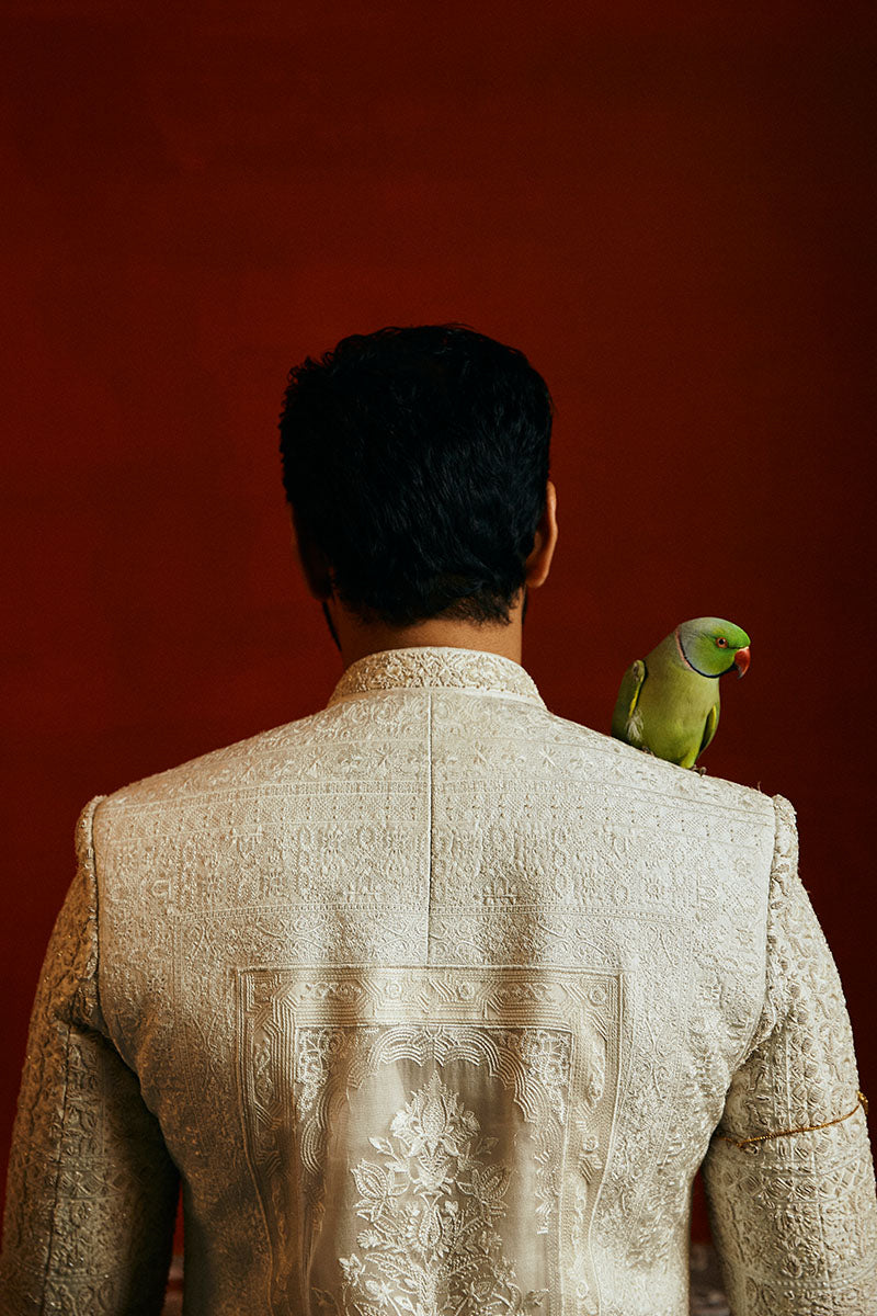 Pearl White Ornamental Embroidered Silk-Organza Sherwani (2-Piece) - Image 5