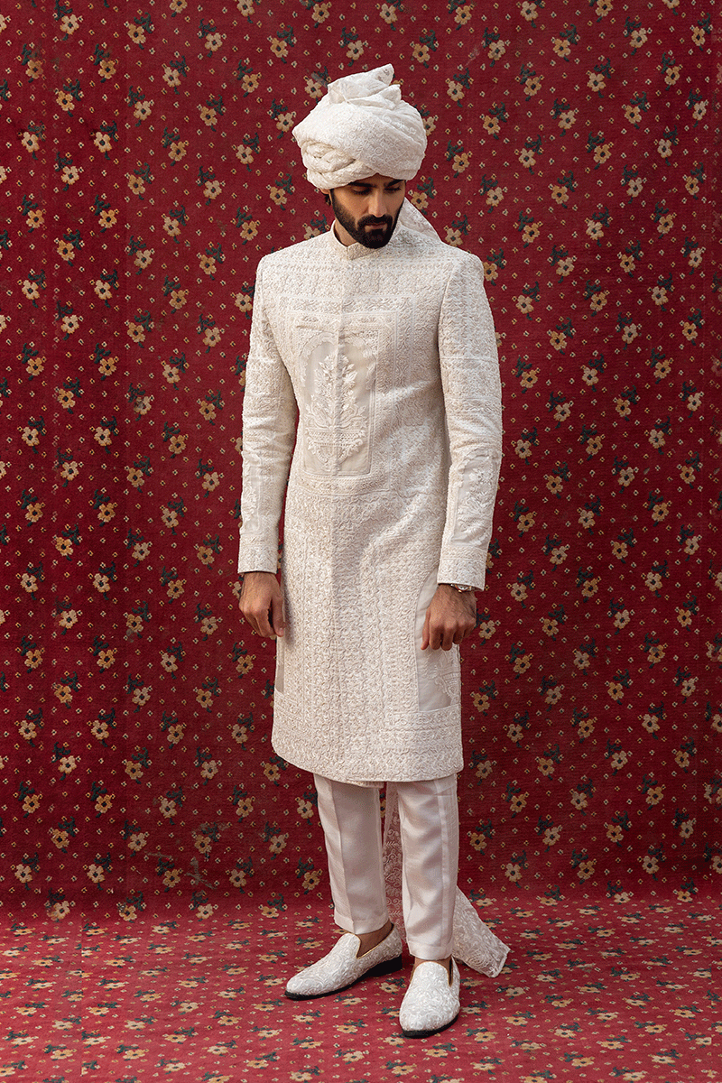Pearl White Ornamental Embroidered Silk-Organza Sherwani (2-Piece) - Image 6