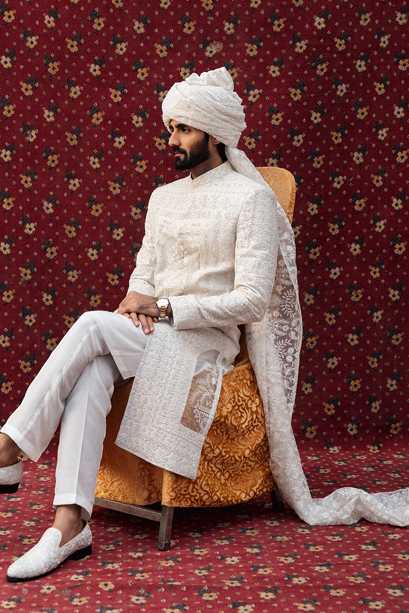 Pearl White Ornamental Embroidered Silk-Organza Sherwani (2-Piece) - Image 7