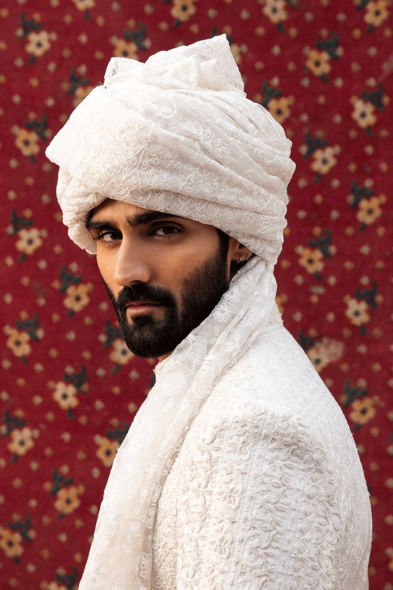 Pearl White Ornamental Embroidered Silk-Organza Sherwani (2-Piece) - Image 8