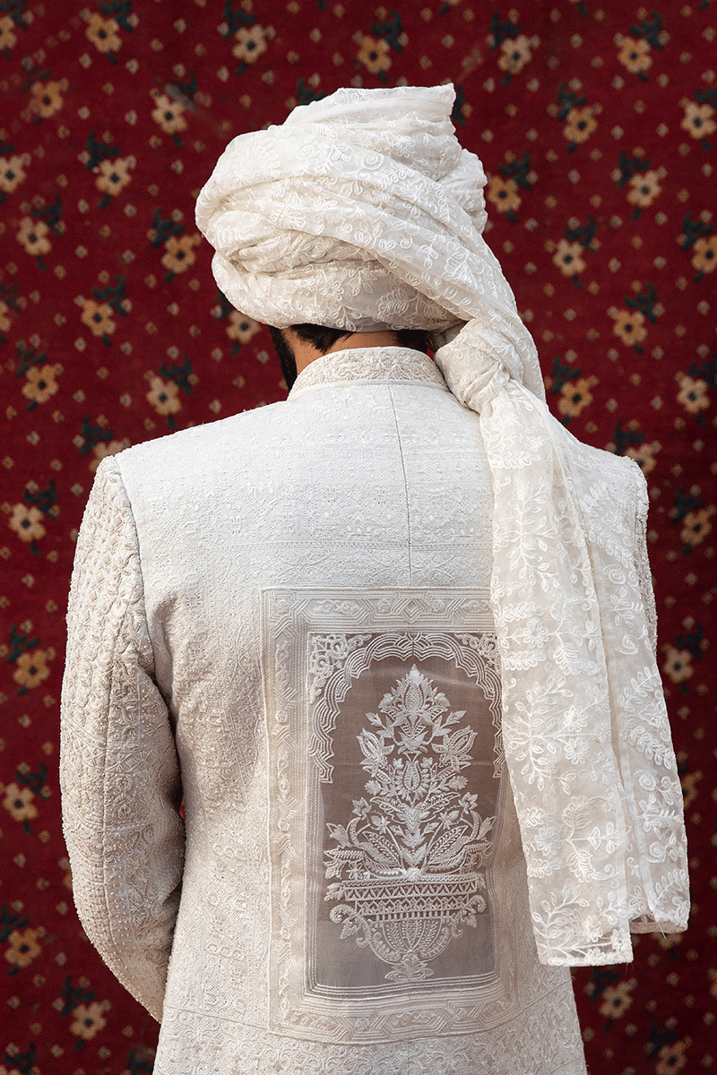 Pearl White Ornamental Embroidered Silk-Organza Sherwani (2-Piece) - Image 9