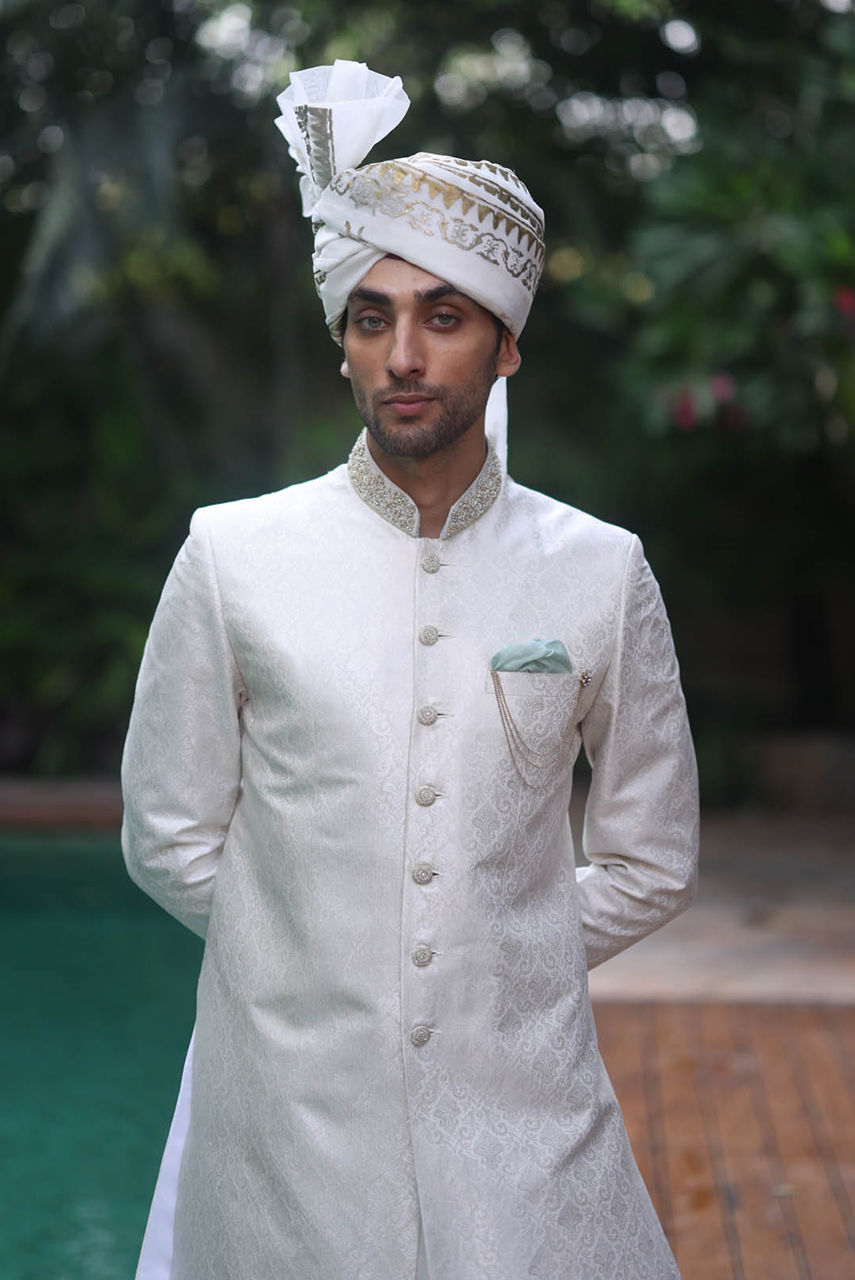 White Embroidered Raw Silk Groom Sherwani (3-Piece) - Image 2