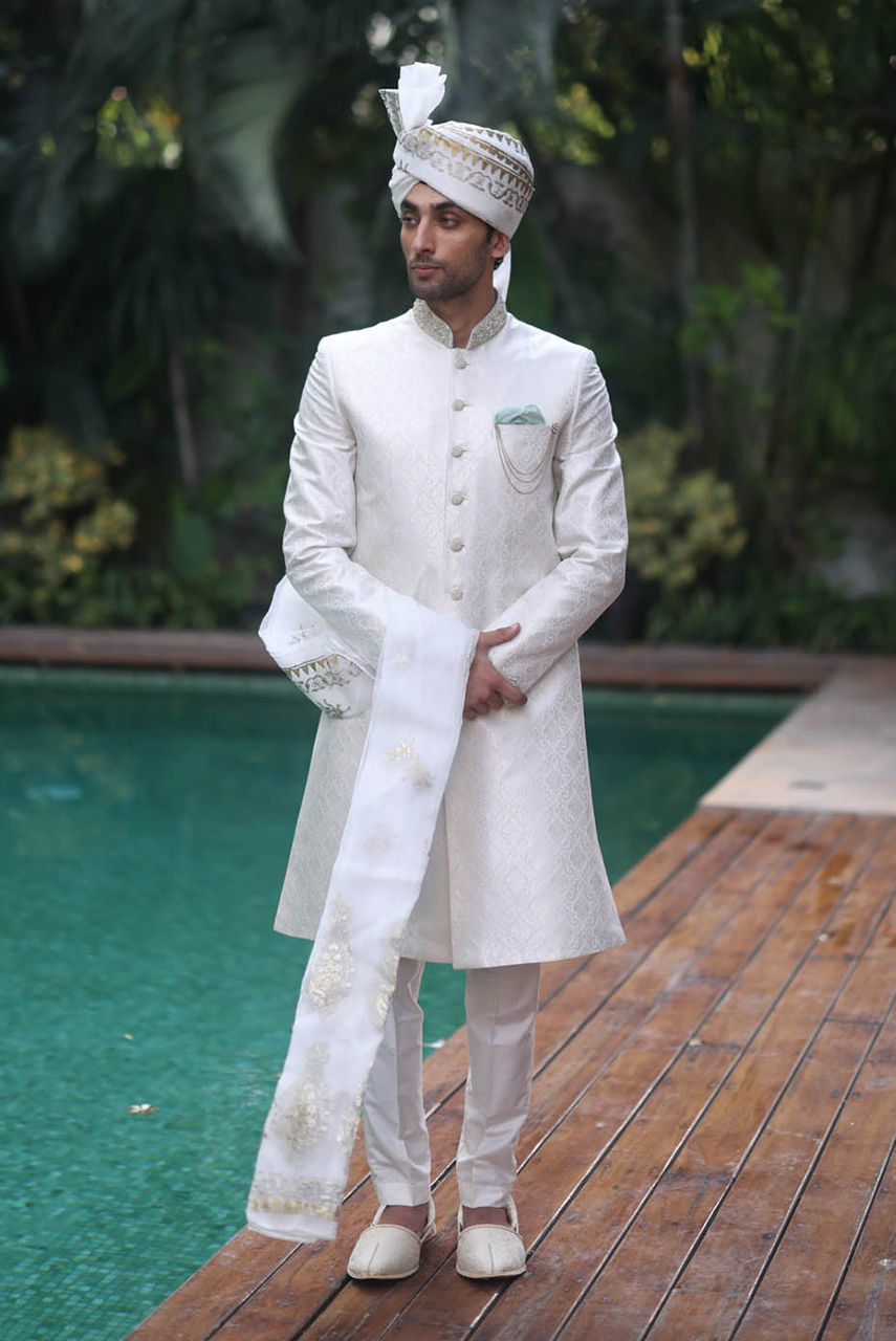 White Embroidered Raw Silk Groom Sherwani (3-Piece) - Image 3