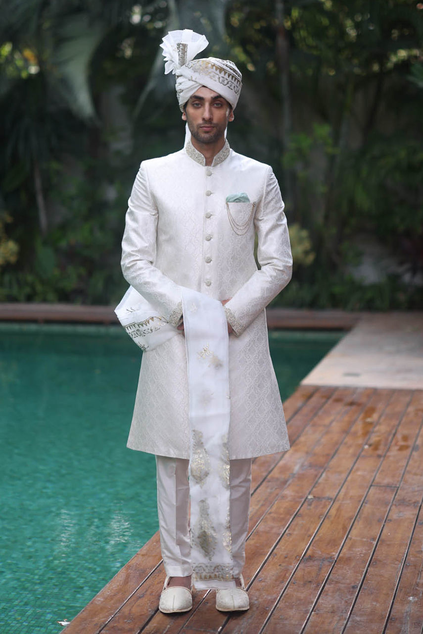White Embroidered Raw Silk Groom Sherwani (3-Piece) - Image 4