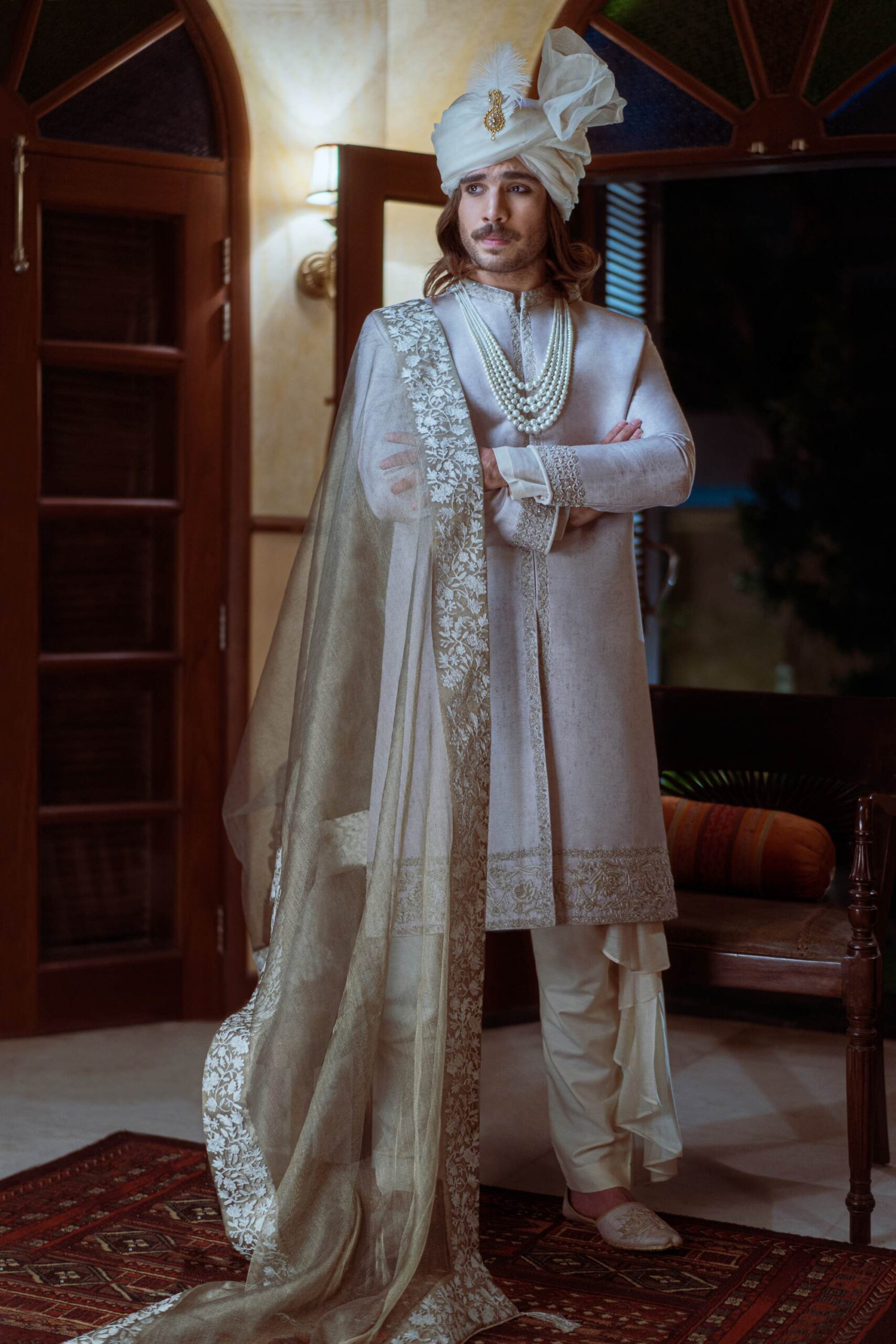 Smoke White Embroidered Raw Silk Groom Sherwani (3-Piece) - Image 1