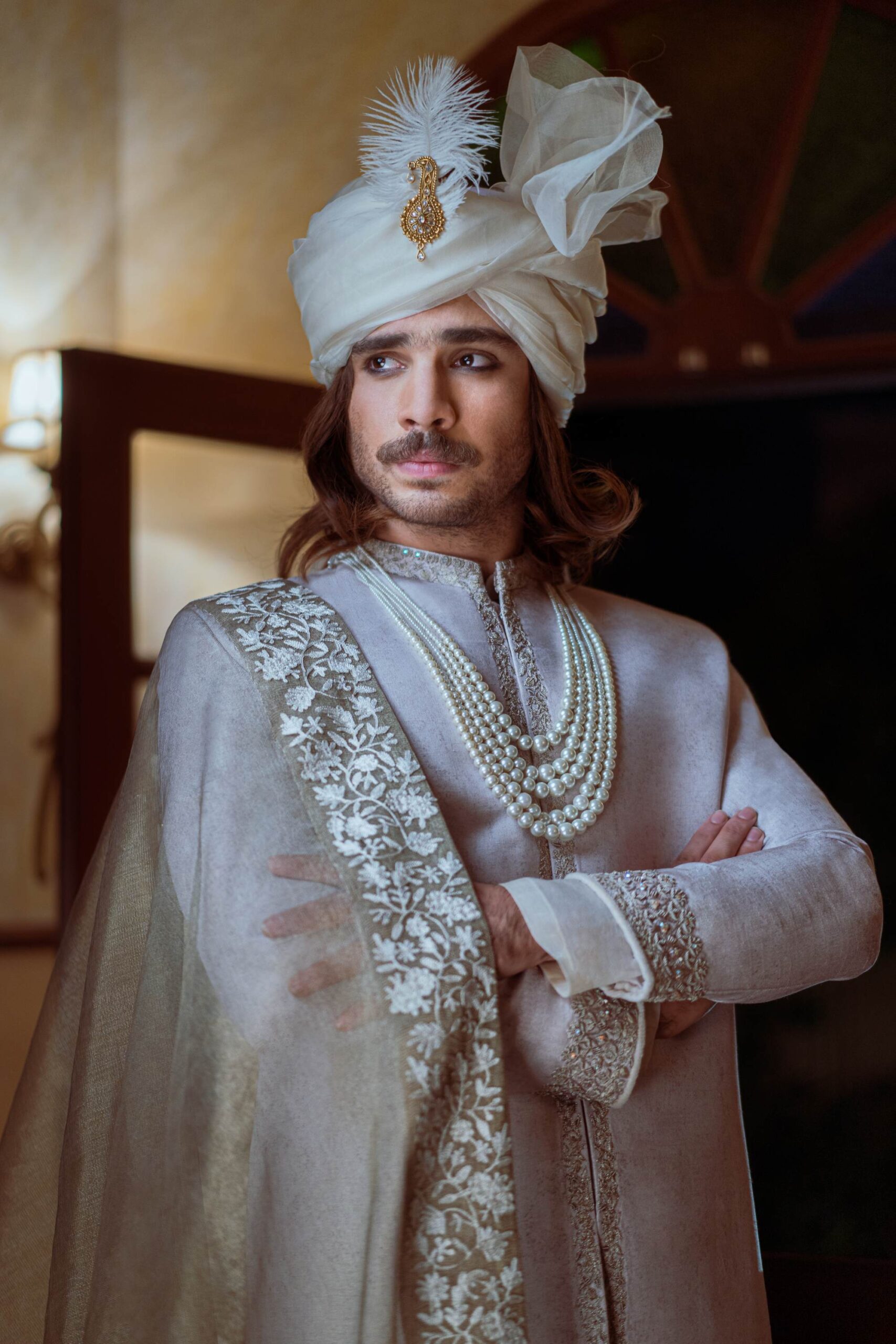 Smoke White Embroidered Raw Silk Groom Sherwani (3-Piece) - Image 2