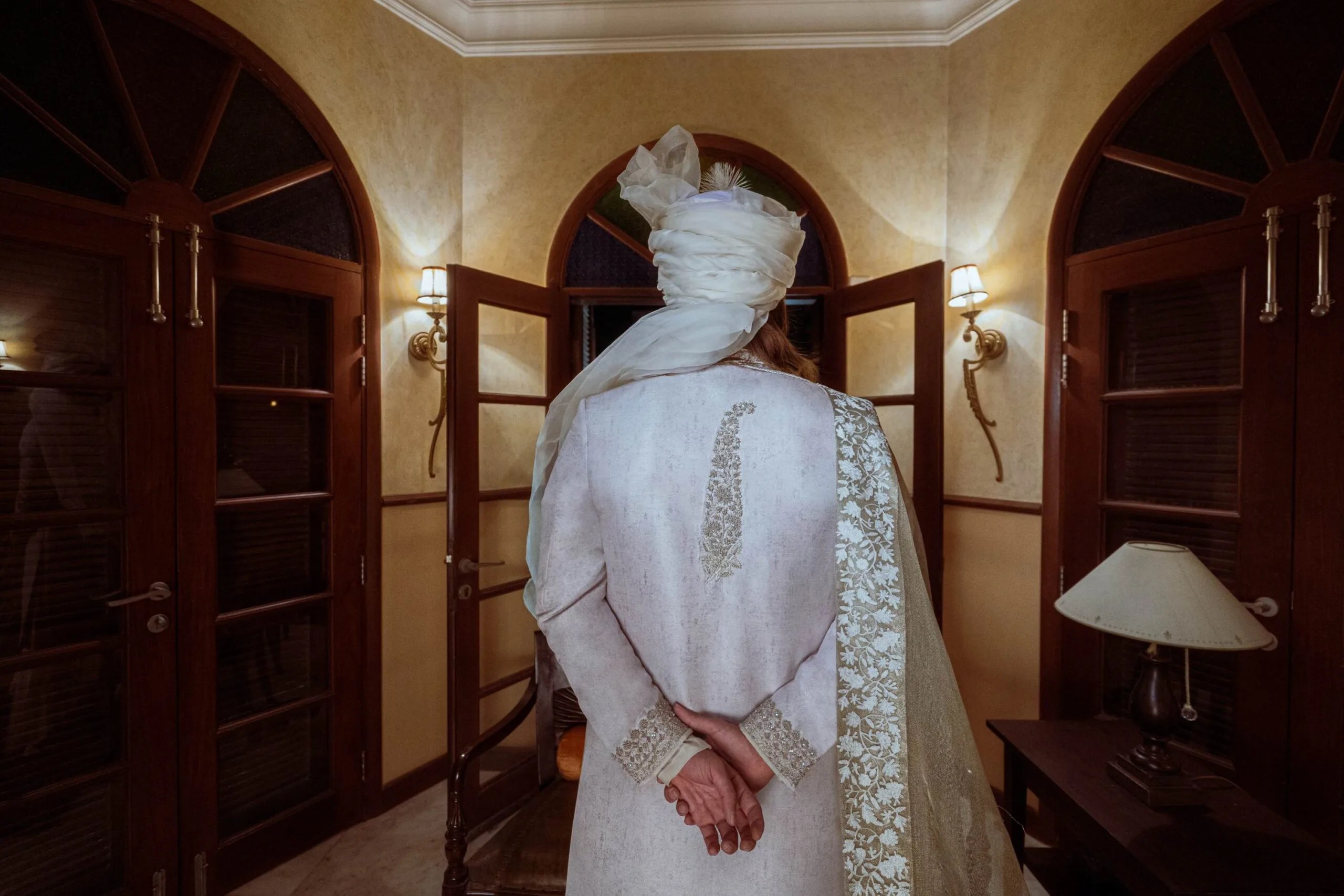 Smoke White Embroidered Raw Silk Groom Sherwani (3-Piece) - Image 3