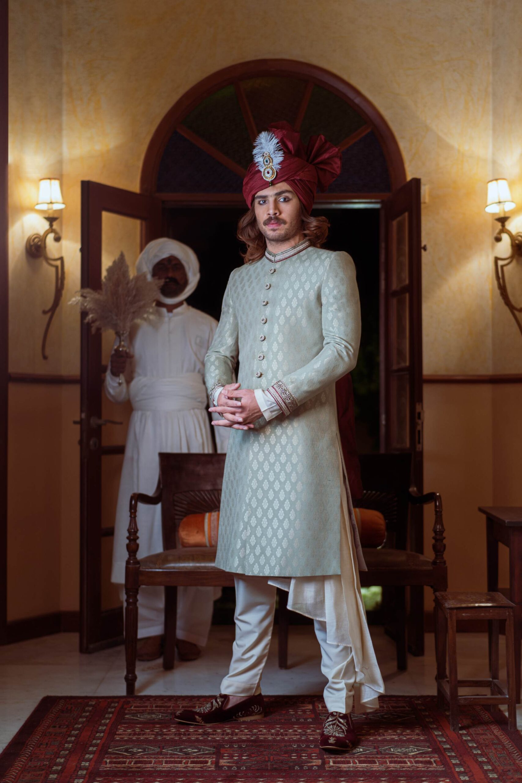 Frost White Embroidered Raw Silk Sherwani (3-Piece) - Image 1