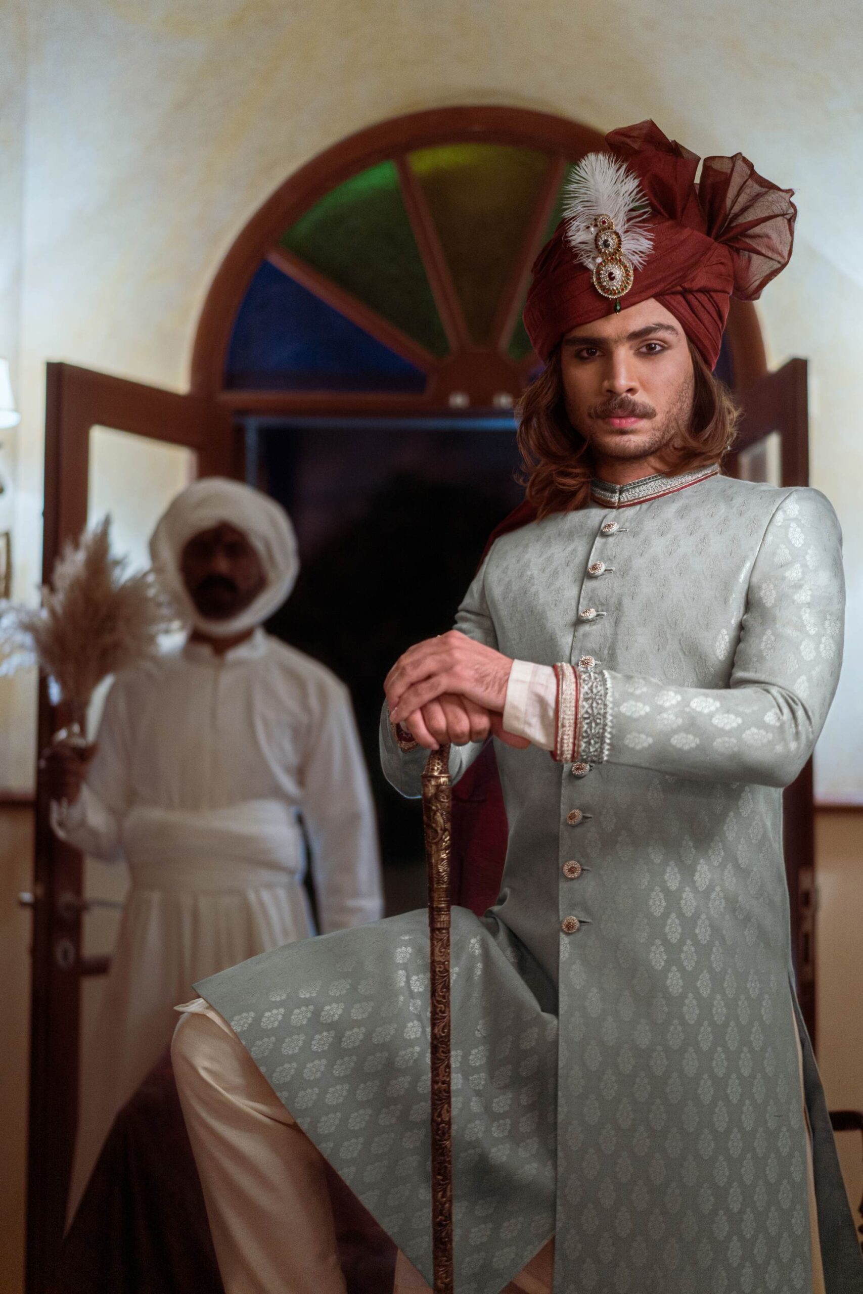 Frost White Embroidered Raw Silk Sherwani (3-Piece) - Image 2