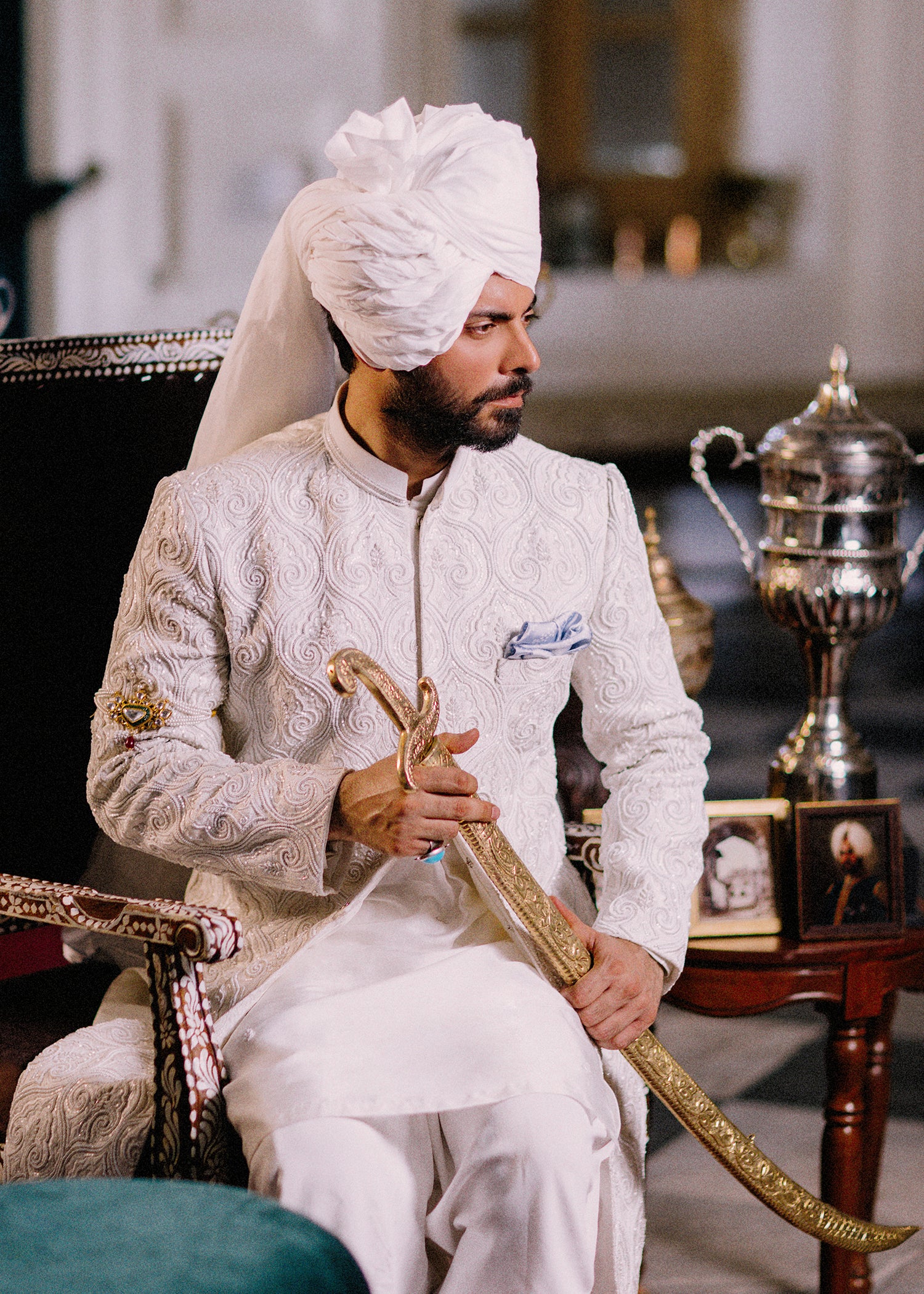 White Embroidered Korean Raw Silk Sherwani (3-Piece) - Image 1