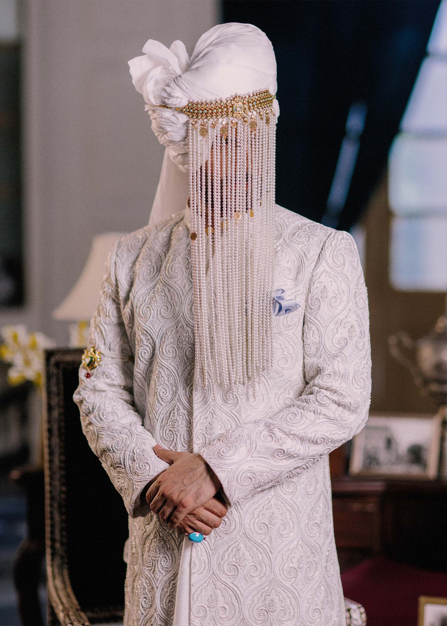 White Embroidered Korean Raw Silk Sherwani (3-Piece) - Image 2