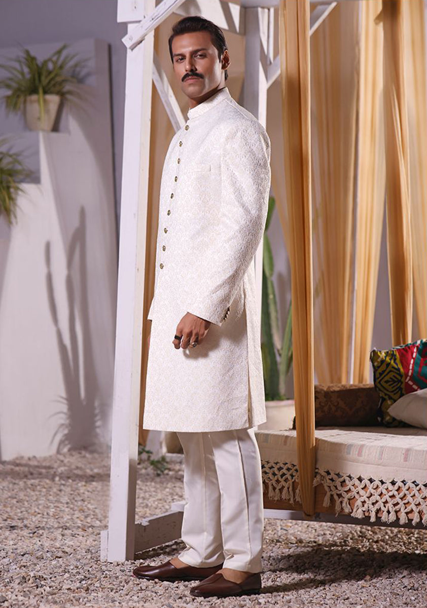 Pristine White Embroidered Satin Sherwani (3-Piece) - Image 1