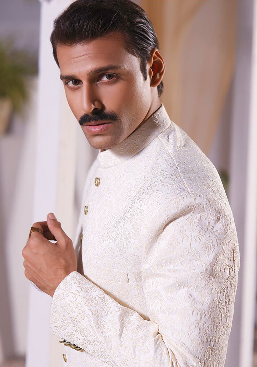 Pristine White Embroidered Satin Sherwani (3-Piece) - Image 2