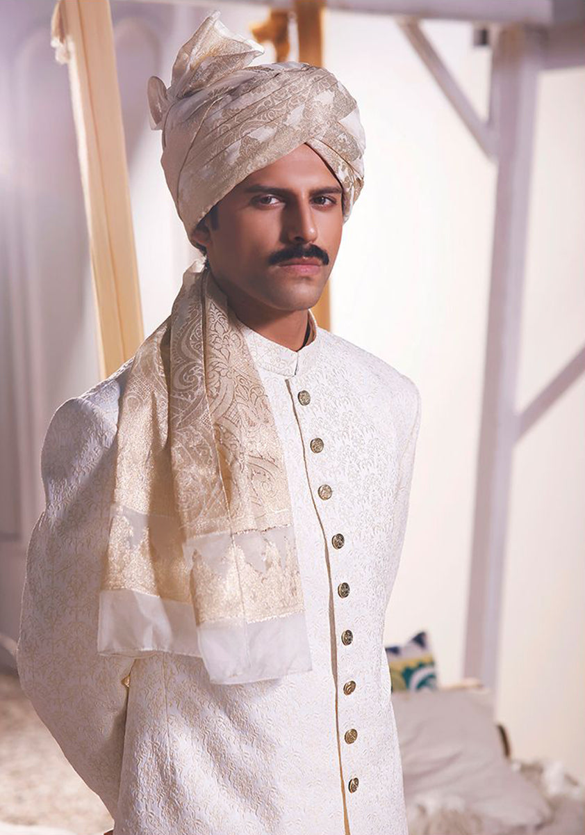 Pristine White Embroidered Satin Sherwani (3-Piece) - Image 3