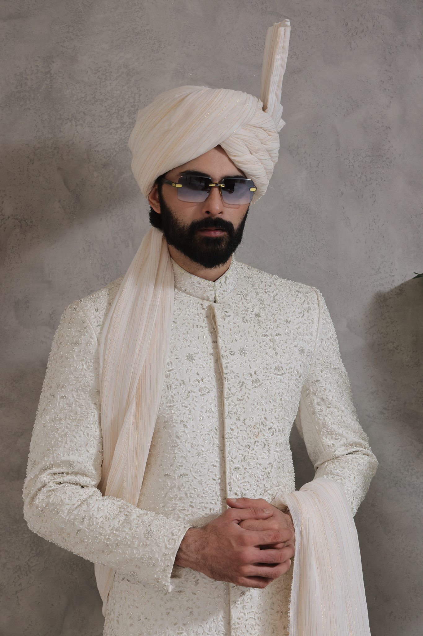 White Embroidered Silk-Blend Sherwani (3-Piece) - Image 1