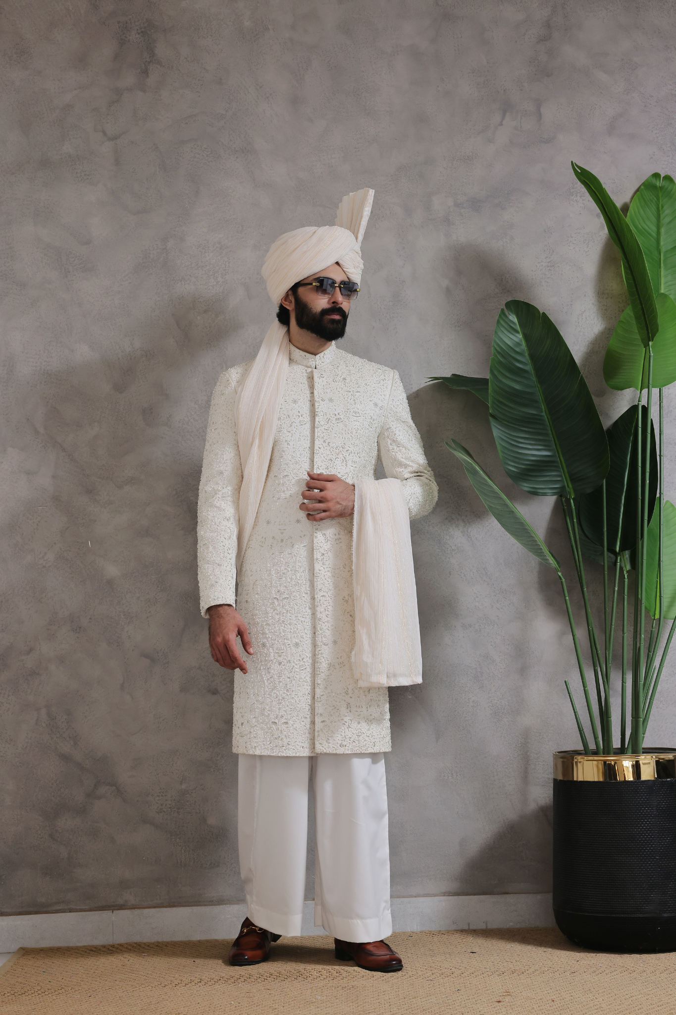 White Embroidered Silk-Blend Sherwani (3-Piece) - Image 4