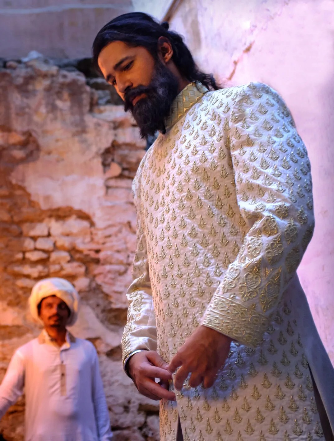 Ice Mint White Gold Embroidered Silk-Blend Sherwani (3-Piece) - Image 1