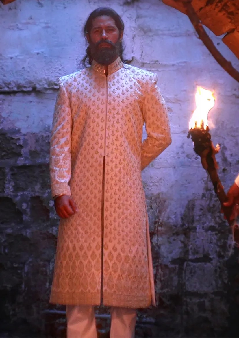 Ice Mint White Gold Embroidered Silk-Blend Sherwani (3-Piece) - Image 2