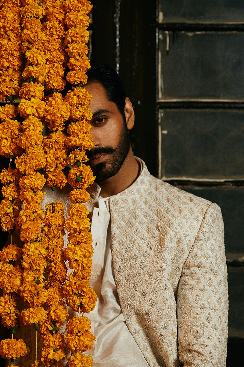 Porcelain White Embroidered Silk-Blend Sherwani (2-Piece) - Image 1