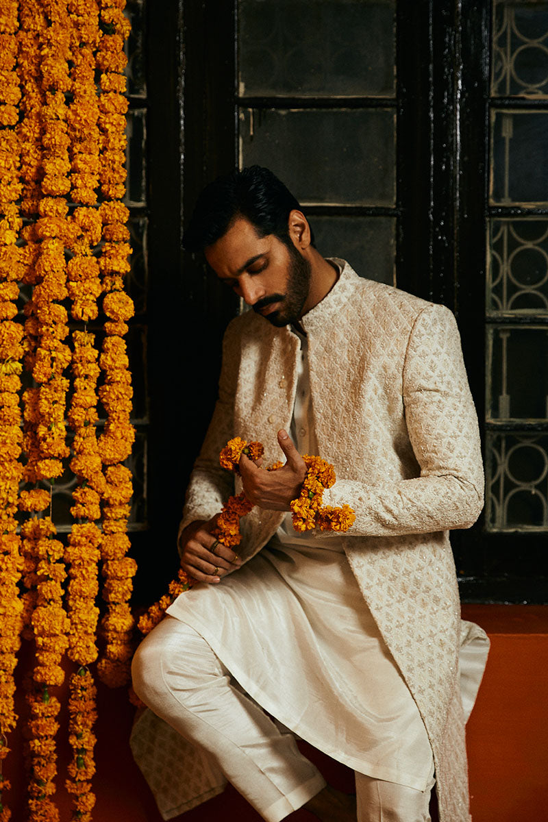 Porcelain White Embroidered Silk-Blend Sherwani (2-Piece) - Image 3