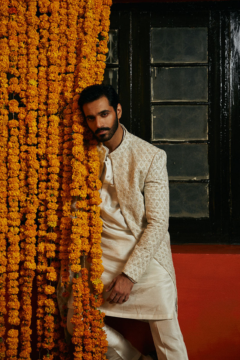 Porcelain White Embroidered Silk-Blend Sherwani (2-Piece) - Image 4