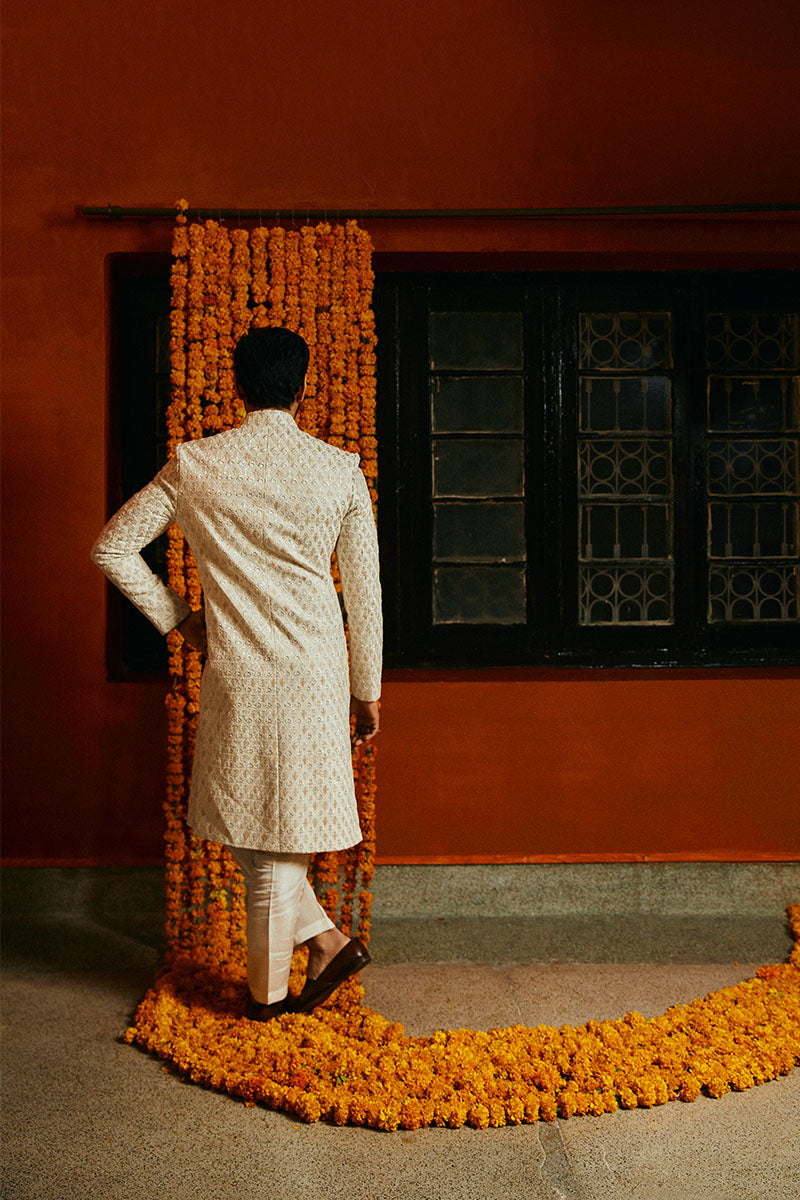 Porcelain White Embroidered Silk-Blend Sherwani (2-Piece) - Image 5