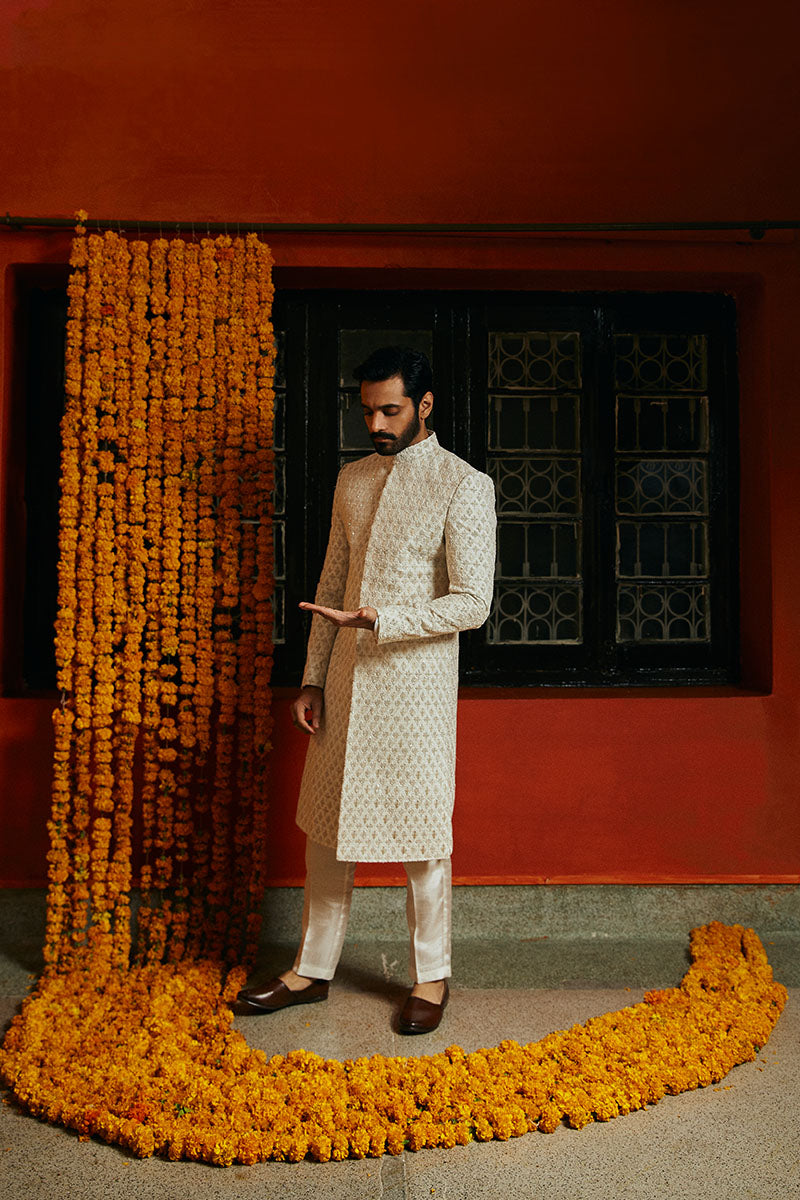 Porcelain White Embroidered Silk-Blend Sherwani (2-Piece) - Image 7