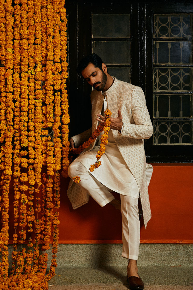 Porcelain White Embroidered Silk-Blend Sherwani (2-Piece) - Image 8