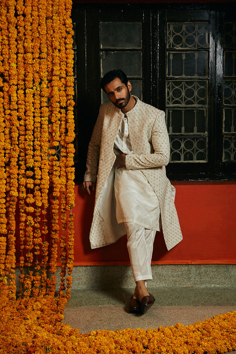 Porcelain White Embroidered Silk-Blend Sherwani (2-Piece) - Image 9