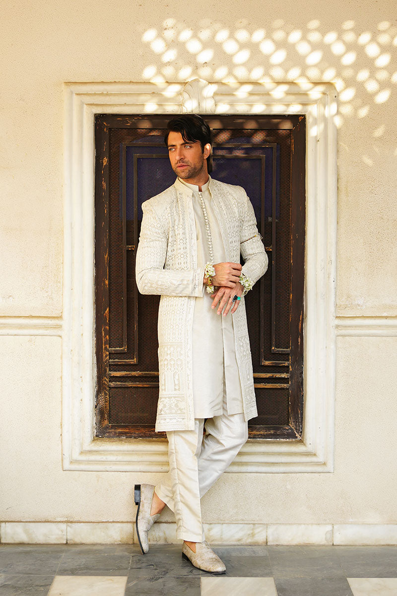Pearl White Embroidered Silk-Blend Sherwani (3-Piece) - Image 1