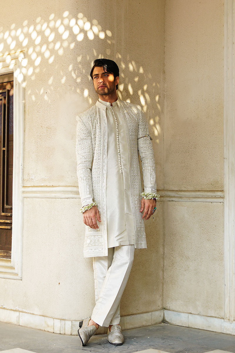 Pearl White Embroidered Silk-Blend Sherwani (3-Piece) - Image 2