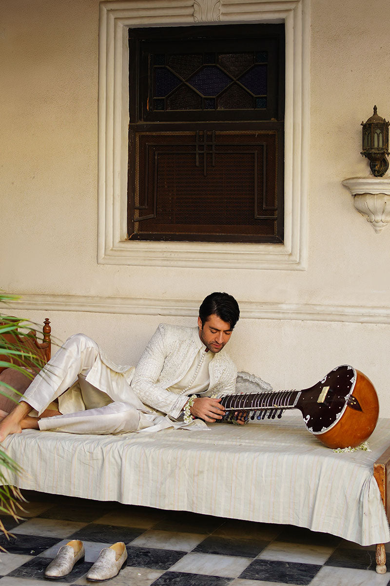 Pearl White Embroidered Silk-Blend Sherwani (3-Piece) - Image 4