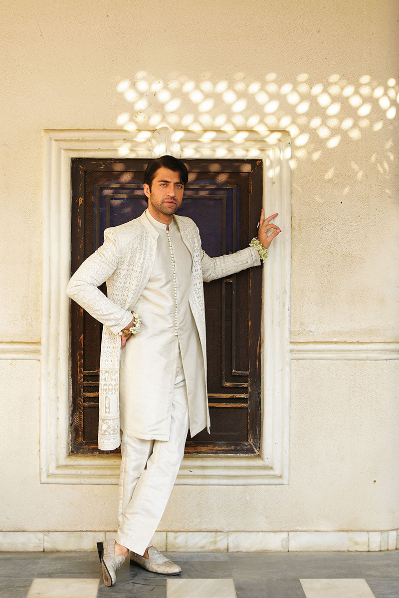 Pearl White Embroidered Silk-Blend Sherwani (3-Piece) - Image 7