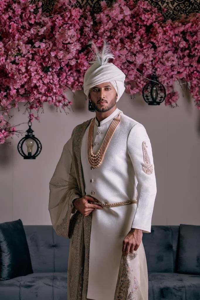 White Embroidered Silk-Blend Groom Sherwani (3-Piece) - Image 1