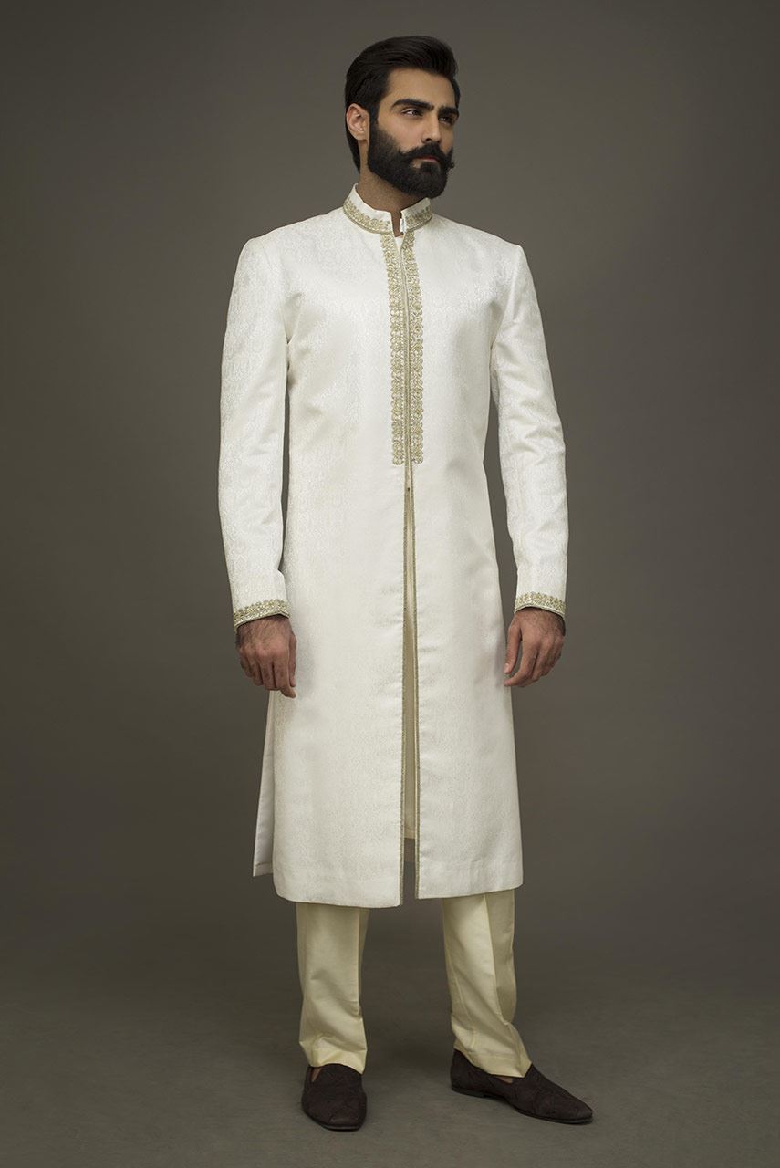 White Tila Work Silk-Blend Sherwani (2-Piece) - Image 1
