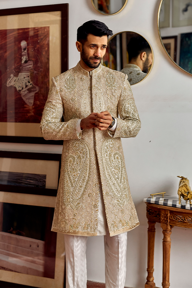 White Gold Hand-Embroidered Silk-Blend Sherwani (3-Piece) - Image 1
