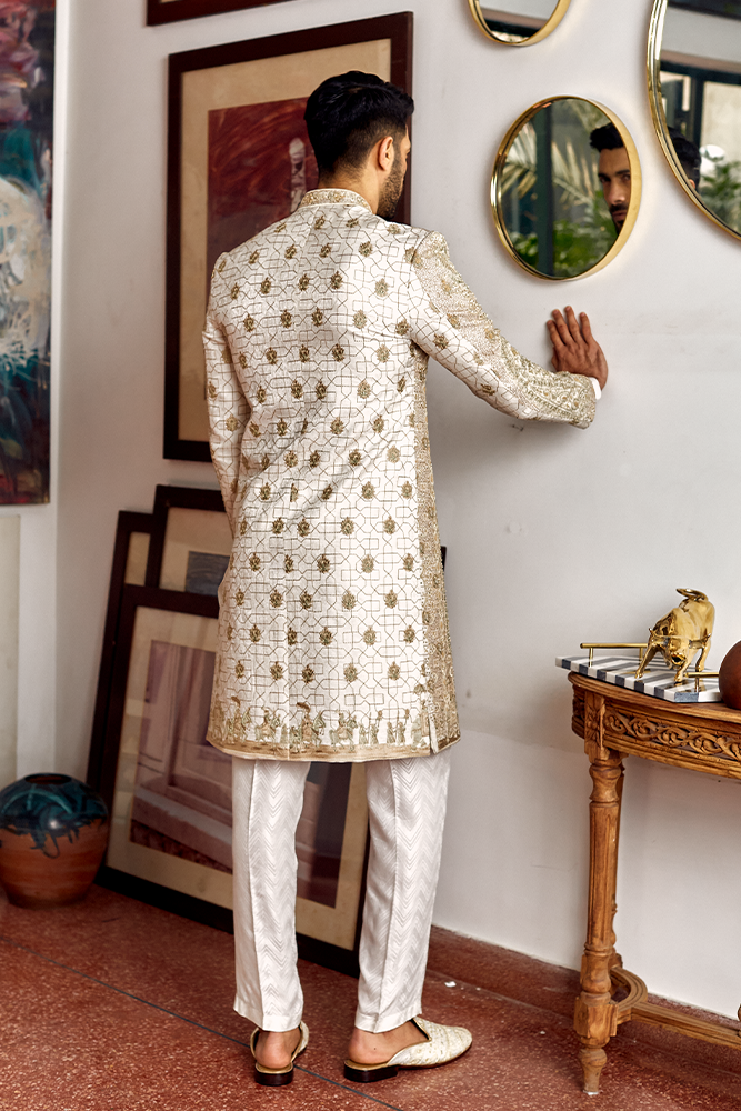 White Gold Hand-Embroidered Silk-Blend Sherwani (3-Piece) - Image 2
