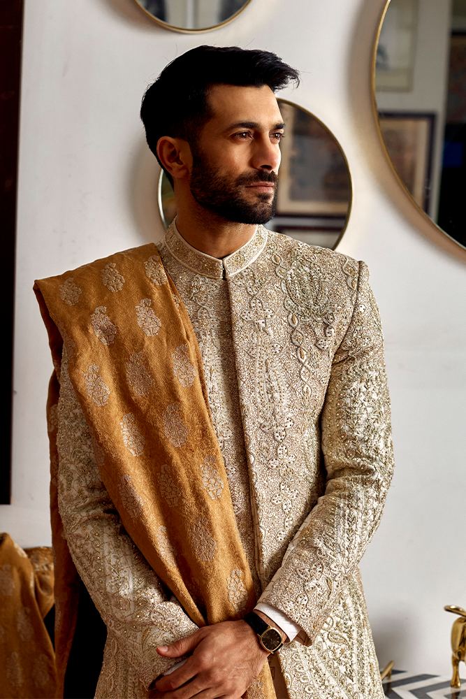 White Gold Hand-Embroidered Silk-Blend Sherwani (3-Piece) - Image 3