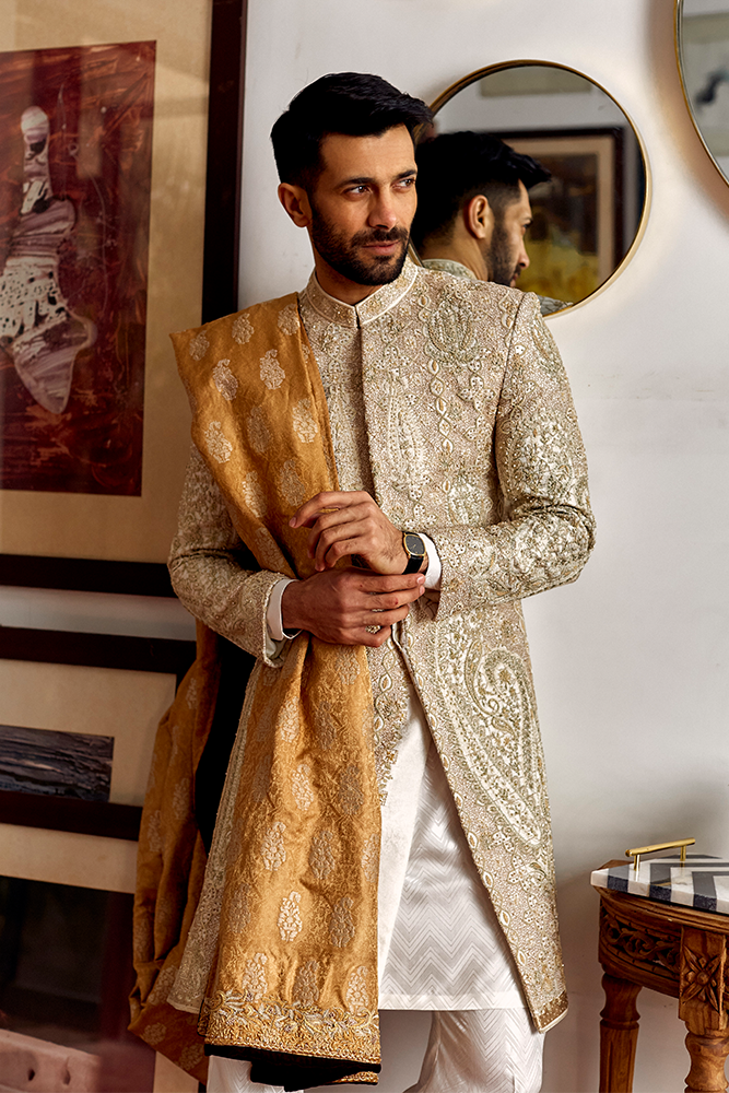 White Gold Hand-Embroidered Silk-Blend Sherwani (3-Piece) - Image 4