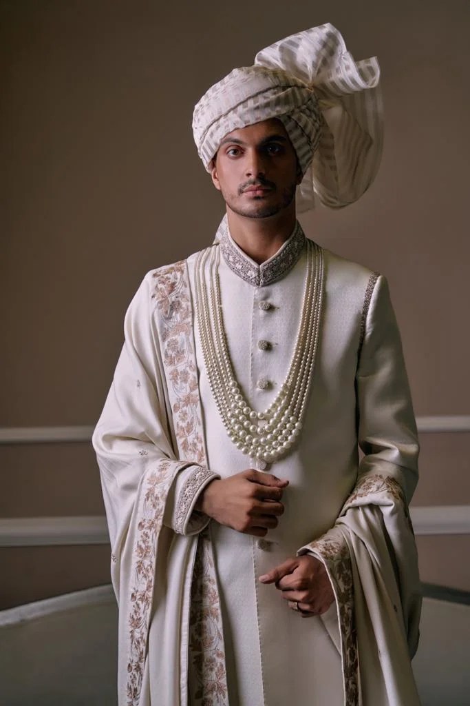 Pearl White Embroidered Silk Blend Groom Sherwani (4-Piece) - Image 1