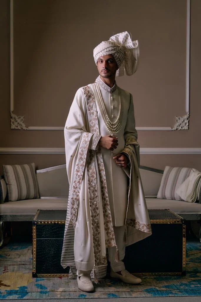 Pearl White Embroidered Silk Blend Groom Sherwani (4-Piece) - Image 2